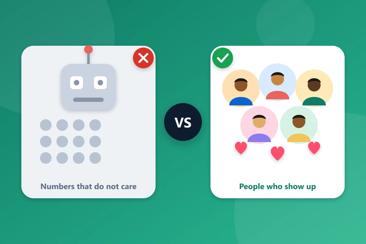 A grey robot with empty followers on one side and a group of real smiling people on the other, with VS between them