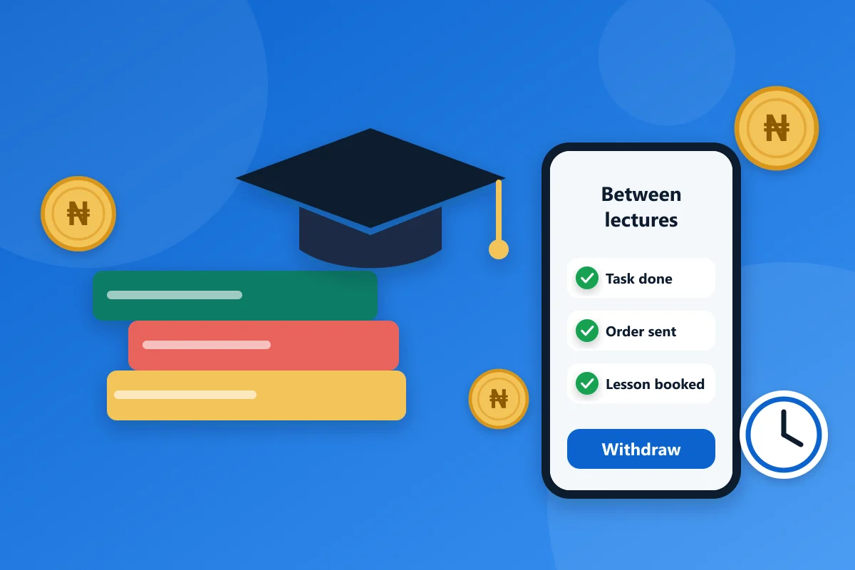 A graduation cap on a stack of books beside a phone showing completed tasks