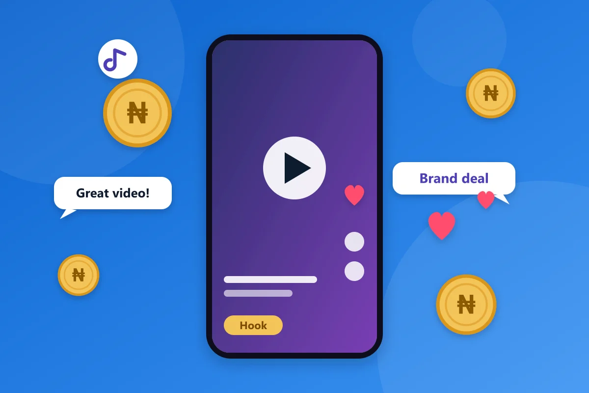 A phone playing a short video with hearts, a brand deal bubble and naira coins