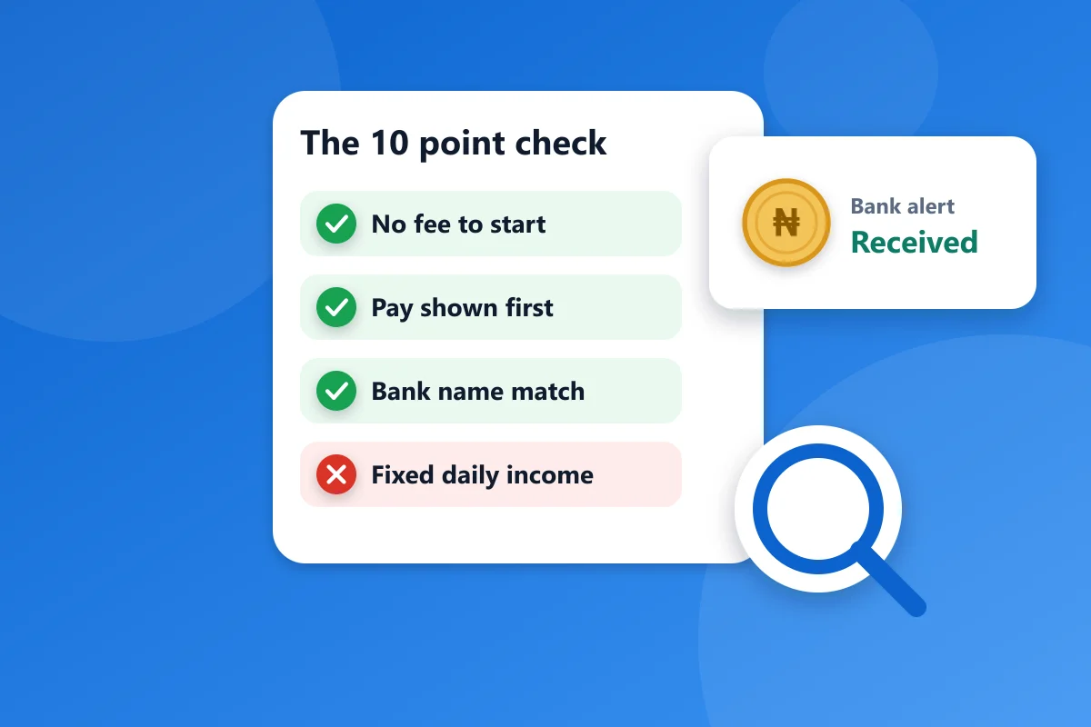 A checklist card with ticks next to a bank alert and a magnifying glass