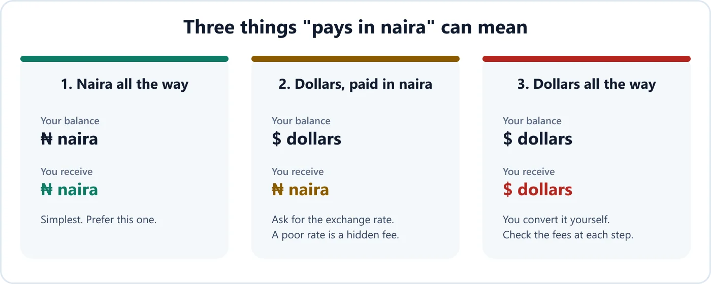 Three things pays in naira can mean: naira in and out, dollars in and naira out, dollars in and out