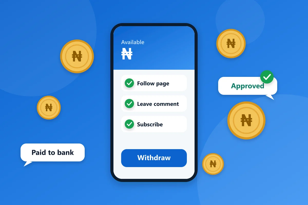 A phone showing completed tasks and a withdraw button, surrounded by naira coins