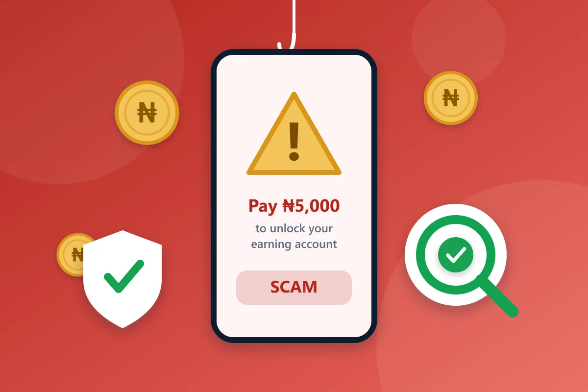 A phone showing a warning triangle and a request to pay to unlock earnings, with a shield and a magnifying glass beside it