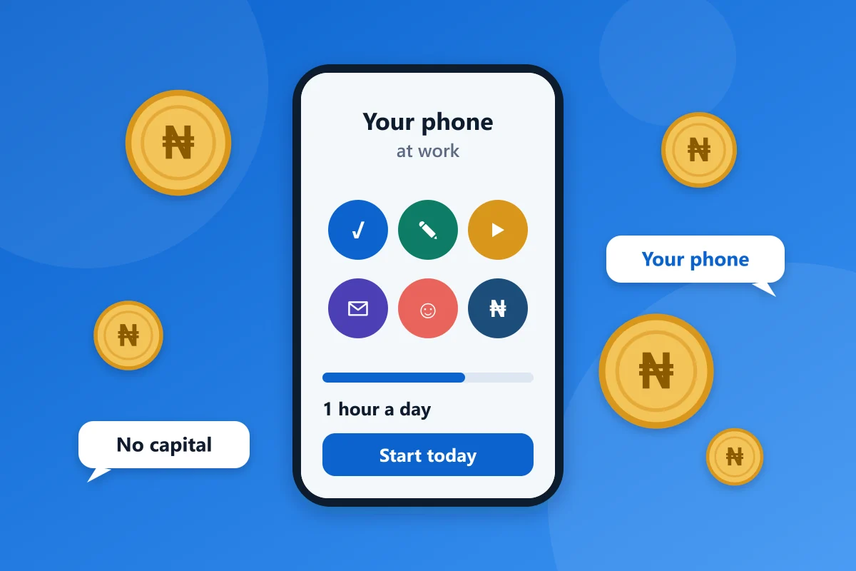 A phone showing six app icons and a one hour a day progress bar, with naira coins around it