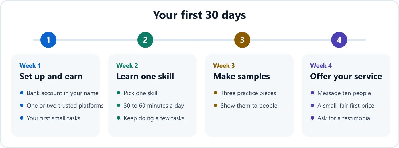 A four week plan: set up and earn, learn one skill, make samples, offer your service