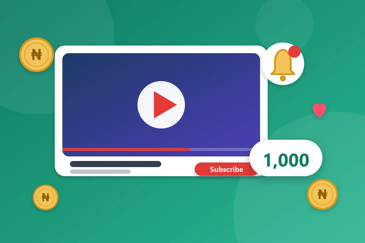A video player with a play button, a subscribe button, a notification bell and a 1,000 badge