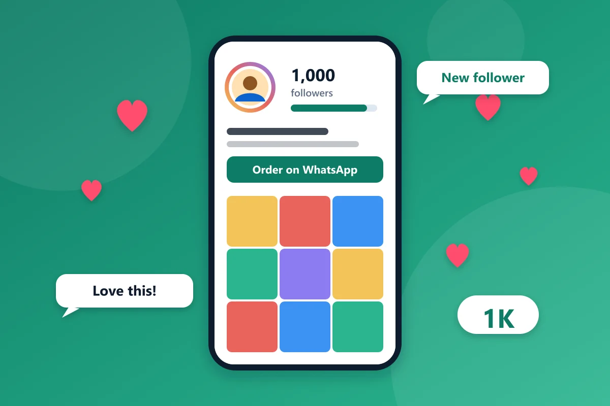 A phone showing an Instagram style profile with 1,000 followers, a WhatsApp order button and hearts around it