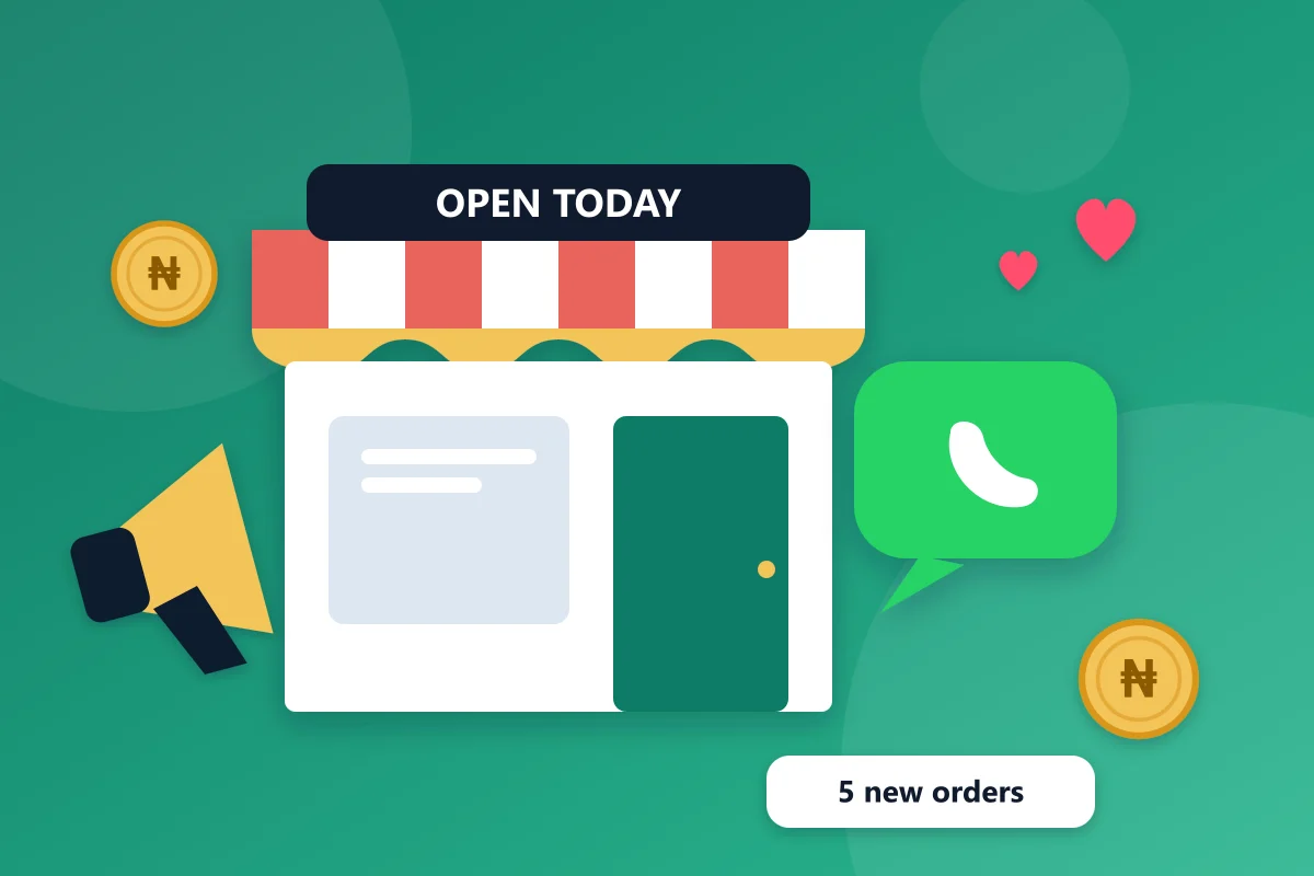 A small shop with a striped awning, a megaphone, a chat bubble and a note saying five new orders